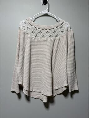 Mod On Trend Beige Waffle Knit Lace Top Boho Tunic L